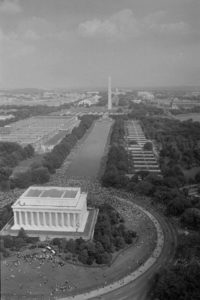 Aerial view of marchers, from the Lincoln Memorial to the Washington Monument, at the March on Washington