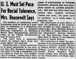 U.S. Must Set Pace for Racial Tolerance, says Mrs. Roosevelt
